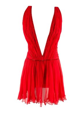 Roberto Cavalli Red Embellished Plunge Mini Dress