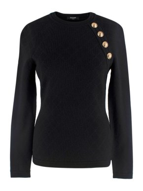 Balmain Black Knitted Argyle Sweater with Gold Button Detail