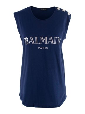 Balmain Navy Logo Tank Top with Silver Button Detail