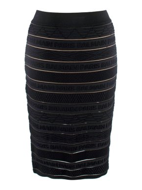 Balmain Black Mesh Panel Knitted Midi Skirt