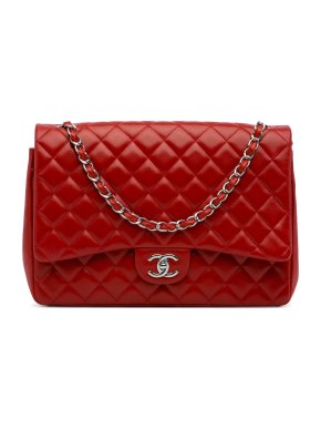 Chanel Red Maxi Lambskin Double Flap Bag with Silver Hardware