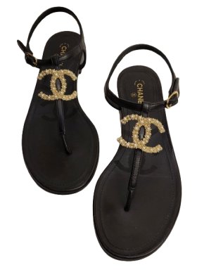 Chanel Black Leather Faux Pearl CC Flat Sandals