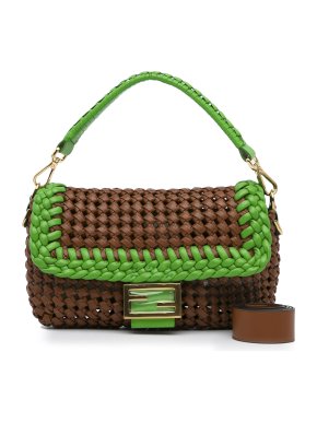 Fendi Lime/Tan Medium Woven Leather Baguette Bag