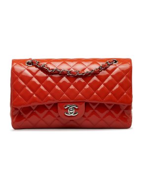 Chanel Red Medium Patent Leather Double Flap Bag with Silver Hardware