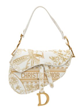Dior Limited Edition White & Gold Embroidered Saddle Bag