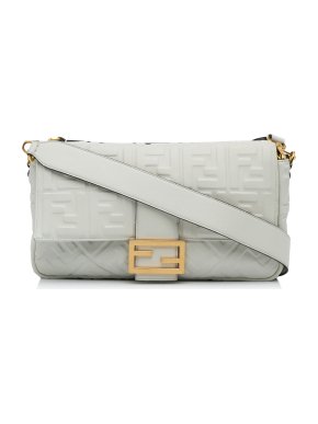 Fendi White Leather Medium Embossed FF Baguette