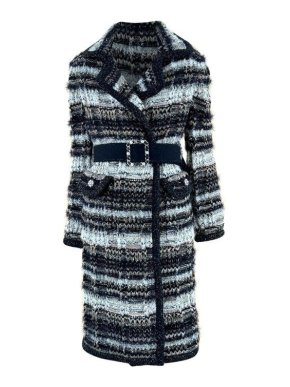 Chanel Woven Tweed Jewelled Belt Longline Knit Coat