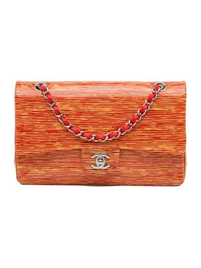 Chanel Orange Leather Medium Classic Striped Patent Double Flap