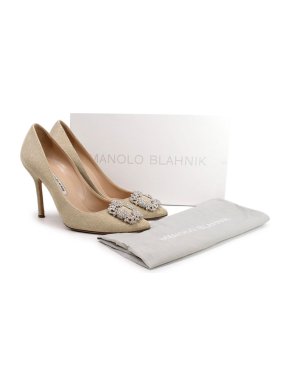 Manolo Blahnik Hangisi Gold Glitter Jewel Buckle Pumps