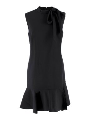 Valentino Black Tie Neck Ruffle Hem Wool Blend Minidress