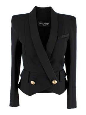 Balmain Black Grain De Poudre Blazer with Satin Trim
