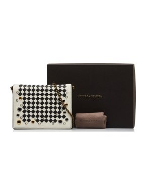 Bottega Veneta Black and White Intrecciato Leather Wallet on Chain