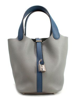 Hermes Gris Mouette & Bleu Agate Clemence Picotin Lock 18 PHW