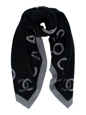 Chanel Black and Grey Large Wool & Silk Coco Scarf