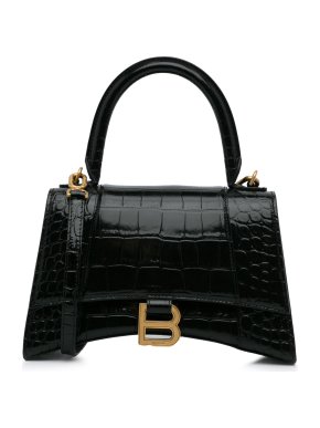 Balenciaga Black Croc Embossed Hourglass S Top Handle Bag