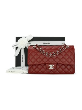 Chanel Red Caviar Leather Medium Double Flap Bag with Silver Hardware