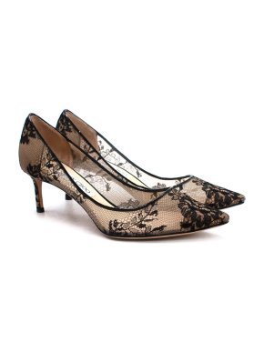 Jimmy Choo Black and Nude Lace Kitten Heel Pumps