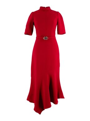 Andrew GN Red Assymetrical Belted Midi Dress
