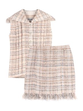 Chanel Baby Pink Printed Ribbon Tweed Sleeveless Top and Skirt