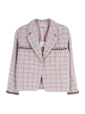 Chanel Light Pink and Green Tweed Jacket with Chain Trim