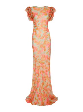 De La Vali Sage Bougainvillea Ruffle Floral Maxi Dress