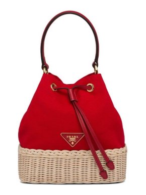Prada Red Nylon & Wicker Bucket Bag