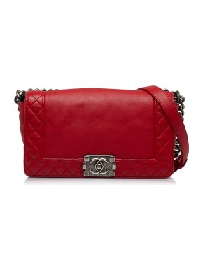 Chanel Red Leather Medium Lambskin Boy Reverso Flap