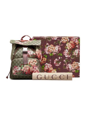 Gucci Brown Monogram GG Supreme Blooms Single Buckle Backpack