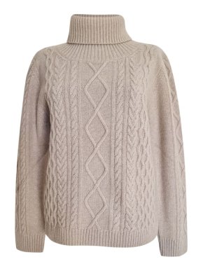 Max Mara Sand Wool Cable Knit Turtle Neck Jumper