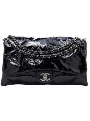 Chanel Black Patent Leather Camellia Flap Bag