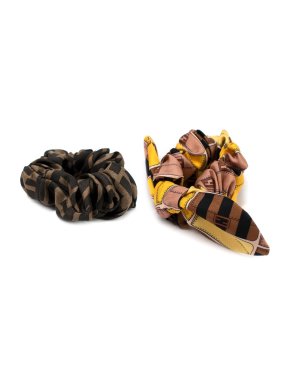 Fendi Brown and Yellow Printed Silk Scrunchie Set