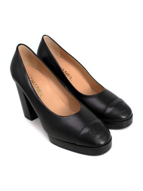 Chanel Black Leather CC Cap Toe Block Heels
