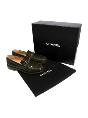 Chanel Olive Green Chain Detail Patent Leather Loafers