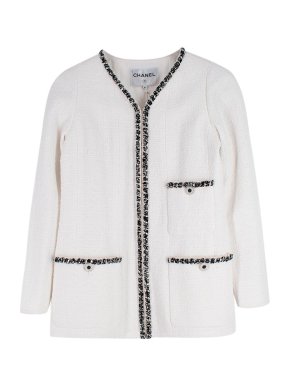 Chanel White Boucle Tweed Jacket with Contrast Trim Detail
