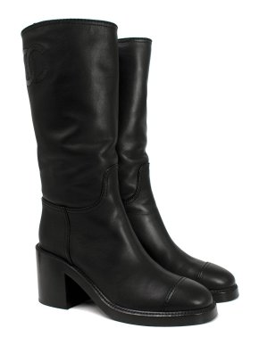 Chanel Black Leather CC Logo Knee High Boots