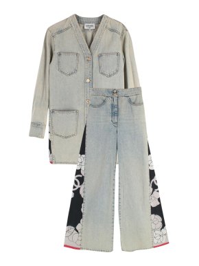 Chanel Blue Faded Longline Denim Jacket and Wide Leg Jeans Set