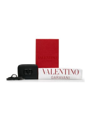 Valentino Black Leather V-Logo Wallet On Strap