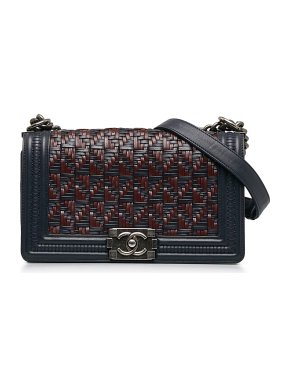 Chanel Navy and Burgundy Woven Lambskin Medium Boy Flap Bag