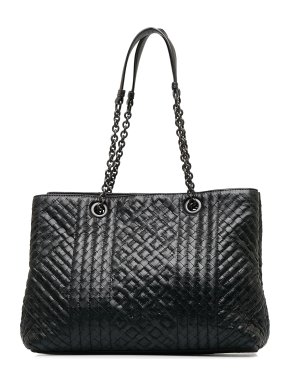 Bottega Veneta Black Medium Intrecciato Stitched Double Chain Tote Bag