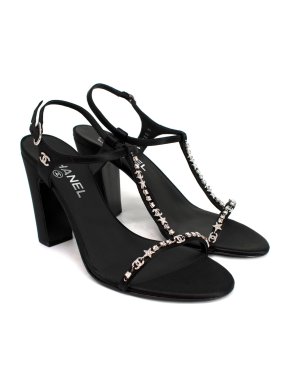 Chanel Black Satin Crystal Embellished CC Logo Sandals
