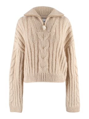 Nanushka Eria Cropped Faux Pearl-Embellished Cable-Knit Sweater