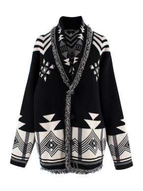 Alanui Black and Cream Shawl Collar Jacquard Cashmere Cardigan