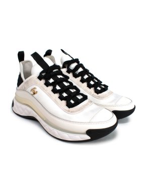 Chanel White Neoprene And Leather CC Low Top Sneakers in Ivory