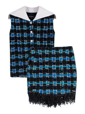 Chanel Blue Ribbon Tweed Sleeveless Jacket & Bead Fringed Skirt