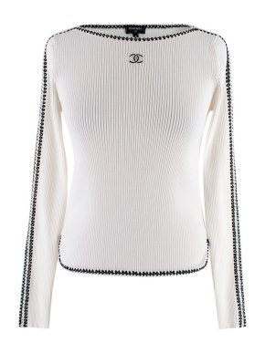 Chanel White Ribbed Long Sleeve Top with Black Stitch Trim