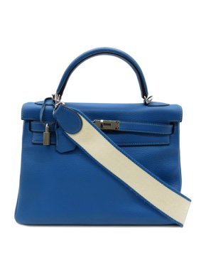 Hermes Kelly 32 Retourne in Blue Zanzibar Clemence Leather with Palladium Hardware
