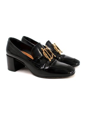 Dior Black Patent Leather Heeled Loafers with Gold Buckle Detail
