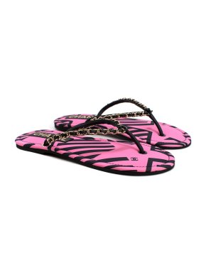 Chanel Pink Printed Chain Trimmed Sandals