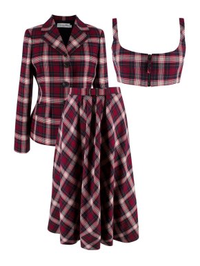 Dior Red Tartan Midi Skirt, Cropped Top & Fitted Jacket