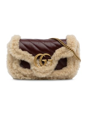 Gucci Burgundy and Shearling Super Mini Marmont Matelasse Crossbody Bag